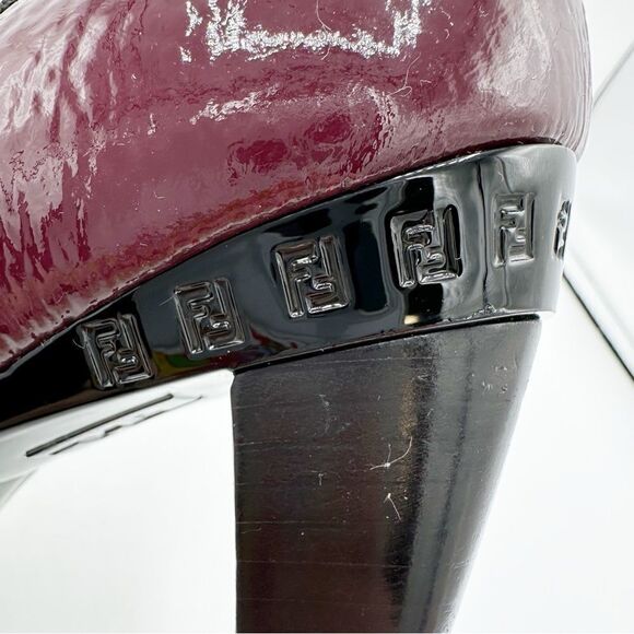 Fendi Burgundy Textured Patent Peep Toe Pumps w/Bow Grosgrain Bow Sculptured 7M - Picture 6 of 16